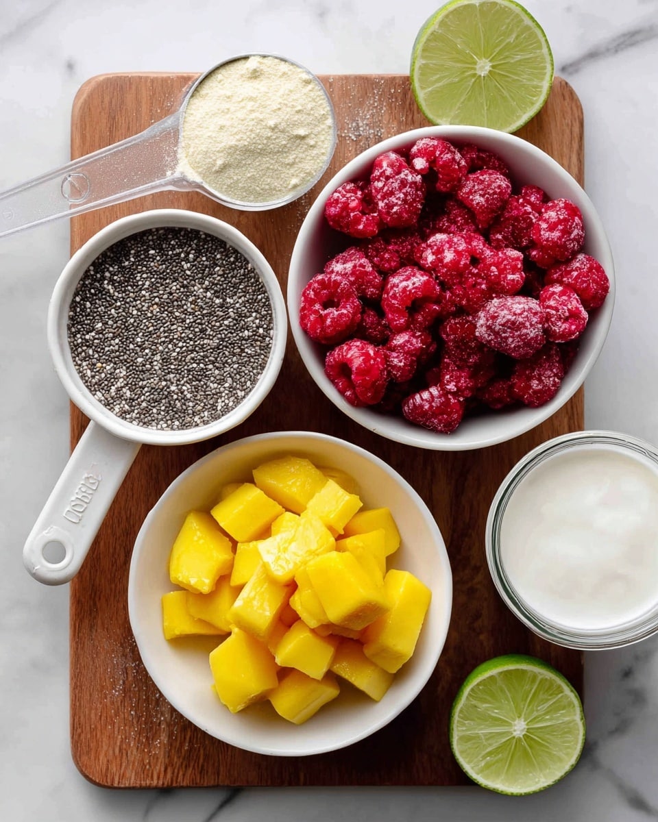 The image shows a top view of ingredients arranged on a white marbled surface. There are two white bowls, one at the top right filled with bright red frozen raspberries, and one at the bottom left filled with yellow frozen mango chunks. Between the bowls, there is a wooden board holding a metal tablespoon filled with small black chia seeds. To the left of the board is a small white bowl with white milk. A clear plastic scoop with beige protein or collagen powder sits on the board next to the raspberries. A half lime with bright green flesh sits near the bowls. A glass of white yogurt is visible on the right edge. The colors are vivid with a clean and fresh setup. photo taken with an iphone --ar 4:5 --v 7
