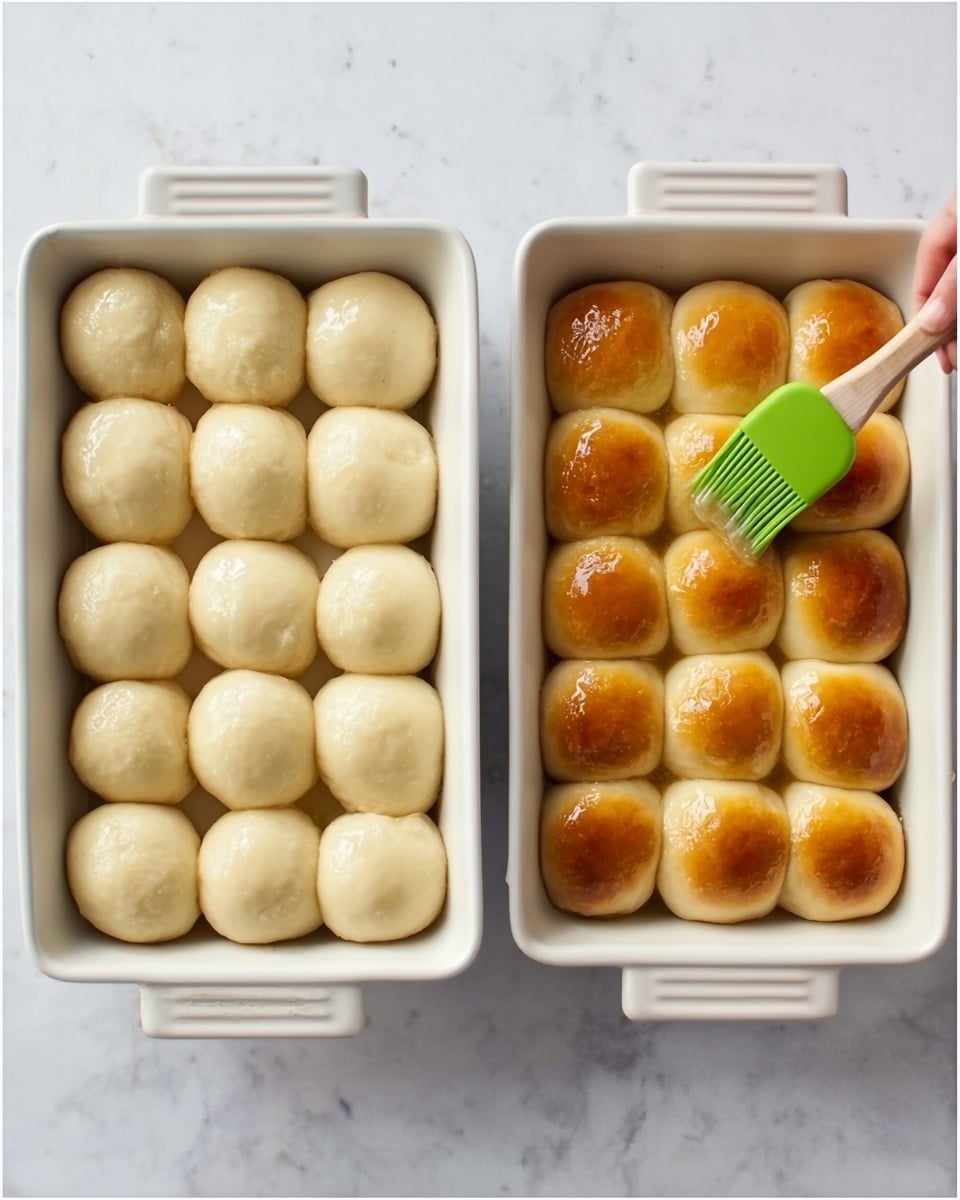 The image shows two white ceramic baking dishes side by side on a white marbled surface. Each dish contains 15 dough balls arranged in three rows of five. On the left, the dough balls are raw and pale with a soft, smooth texture. On the right, the dough balls are golden brown and shiny from a glaze being brushed on by a woman’s hand holding a green silicone brush. The glaze gives the baked dough a glossy and slightly sticky look. Photo taken with an iphone --ar 4:5 --v 7