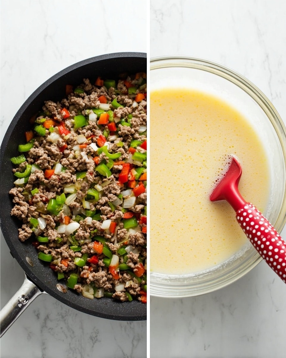 The image shows two side-by-side pictures on a white marbled surface. On the left, there is a black pan full of cooked ground meat mixed with small pieces of bright green bell pepper, red bell pepper, and white onion, and a red spatula with white polka dots resting inside the pan on the right edge. On the right, there is a clear glass bowl filled with a smooth, pale yellow foamy mixture. Both scenes are bright and clear. Photo taken with an iphone --ar 4:5 --v 7