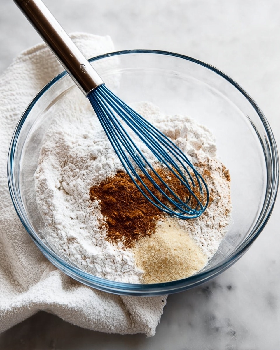 A clear glass bowl sits on a white marbled surface with a white cloth beside it. Inside the bowl, there are three main layers of dry ingredients: a large base layer of white flour, topped with a dusting of cinnamon and other brown spices in the middle, and a small pile of light beige powder on one side. A metal whisk with blue silicone wires is resting vertically on the right side inside the bowl. Photo taken with an iphone --ar 4:5 --v 7