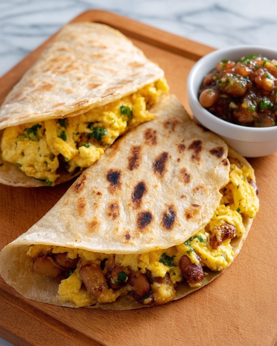 The image shows two folded tortillas on a light brown wooden board with a small white bowl of chunky salsa on the right side. Each tortilla has a warm, light tan color with browned grill marks on the outside. Inside the tortillas, there are two visible layers: the first layer is a yellow, fluffy scrambled egg mixed with bits of green herbs, and the second layer contains cooked brown beans. The open ends of the tortillas reveal the soft, mixed fillings, and the wooden board beneath has a smooth texture. The background is a white marbled surface. Photo taken with an iphone --ar 4:5 --v 7