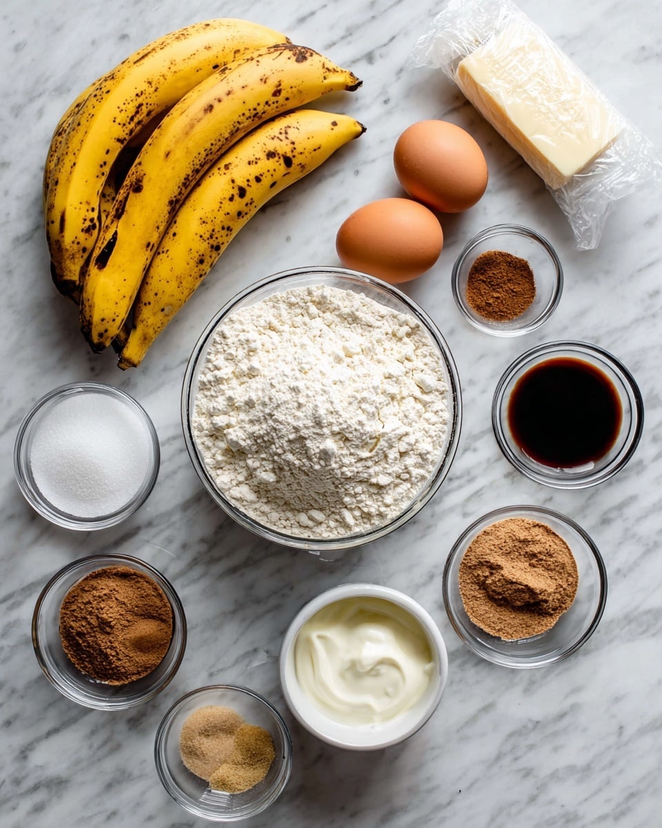 The image shows a white marbled surface with several baking ingredients arranged neatly. There is a bunch of yellow bananas with brown spots on the left side. In the center, a clear glass bowl is filled with white flour. Around it, there are small glass bowls and containers with light brown sugar, white powder (baking powder or soda), cinnamon powder, salt, and dark vanilla extract. Above the flour are two brown eggs and a white wrapped stick of butter. A small white bowl with cream or yogurt is placed next to the eggs. The setup looks clean and ready for baking. photo taken with an iphone --ar 4:5 --v 7