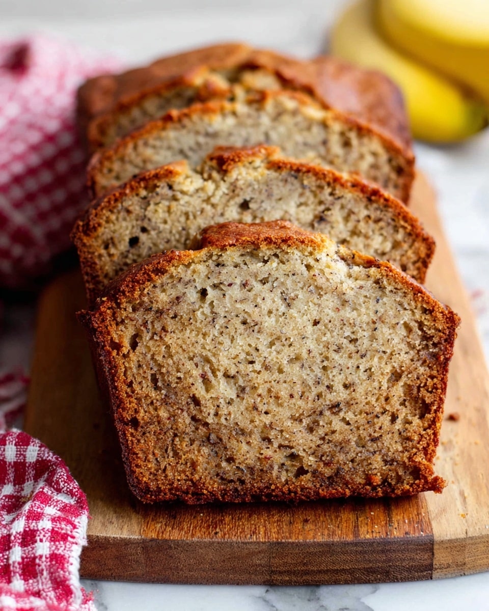 The image shows four slices of banana bread arranged in a row on a wooden cutting board over a white marbled surface. Each slice has a golden brown crust with a slightly rough texture, and the interior is light brown with small, darker brown specks and tiny holes throughout, indicating a moist crumb. The slices are thick and have a slightly curved top edge. A red and white checkered cloth is partially visible under the cutting board on the left side, and a blurred yellow banana is in the background. photo taken with an iphone --ar 4:5 --v 7