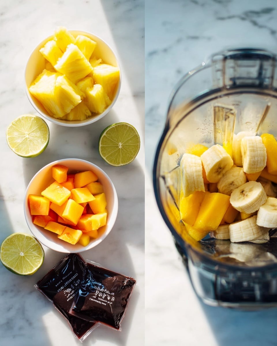 The image shows a white marbled surface with three small white bowls containing chopped yellow pineapple, sliced banana, and diced orange mango pieces arranged on the left side, alongside two lime halves and two clear plastic packets filled with dark brown liquid placed below the bowls. On the right side, there is a clear blender jar filled about halfway with the same chopped yellow pineapple, sliced banana, diced mango, and dark brown liquid resting at the bottom. The sunlight brightens the scene, highlighting the colorful fruit layers inside the blender jar. photo taken with an iphone --ar 4:5 --v 7