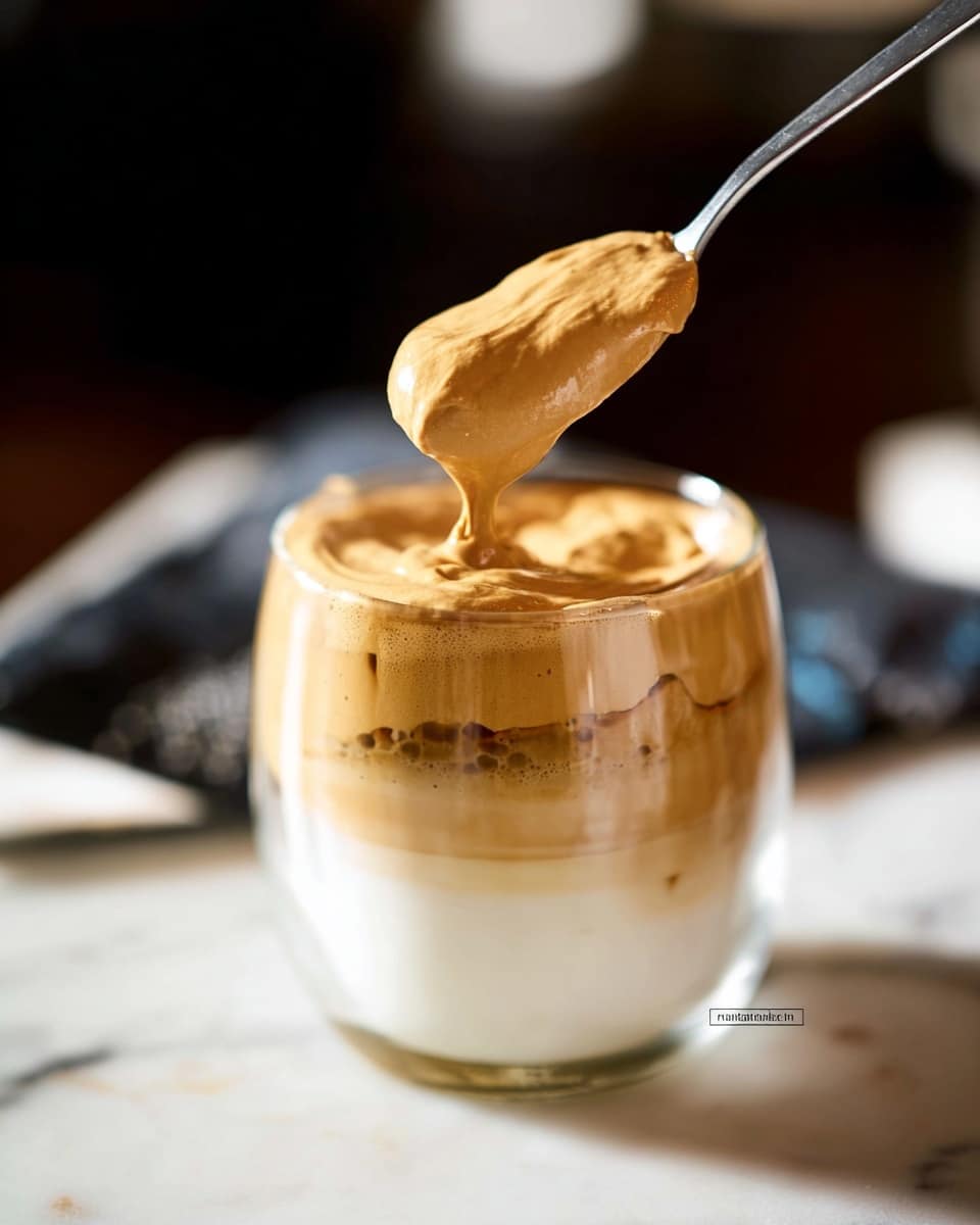 A clear glass cup holds a two-layered drink on a white marbled surface; the bottom layer is white milk with a smooth texture, and the top layer is thick, frothy light brown coffee cream, slightly overflowing the rim. Above the cup, a spoon covered with the same light brown coffee cream is being held, showing the creamy texture. The background is softly blurred with dark tones, highlighting the drink. photo taken with an iphone --ar 4:5 --v 7