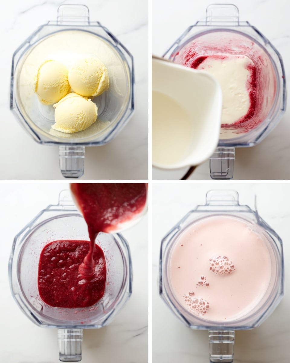 The image shows a clear blender container on a white marbled surface in four steps: first, three scoops of pale yellow vanilla ice cream sit inside the blender; second, a white liquid is being poured over the ice cream; third, a cup of thick red berry sauce is being poured into the blender on top of the ice cream and milk; and fourth, the blender now contains a smooth, light pink mixture with small bubbles on top. photo taken with an iphone --ar 4:5 --v 7
