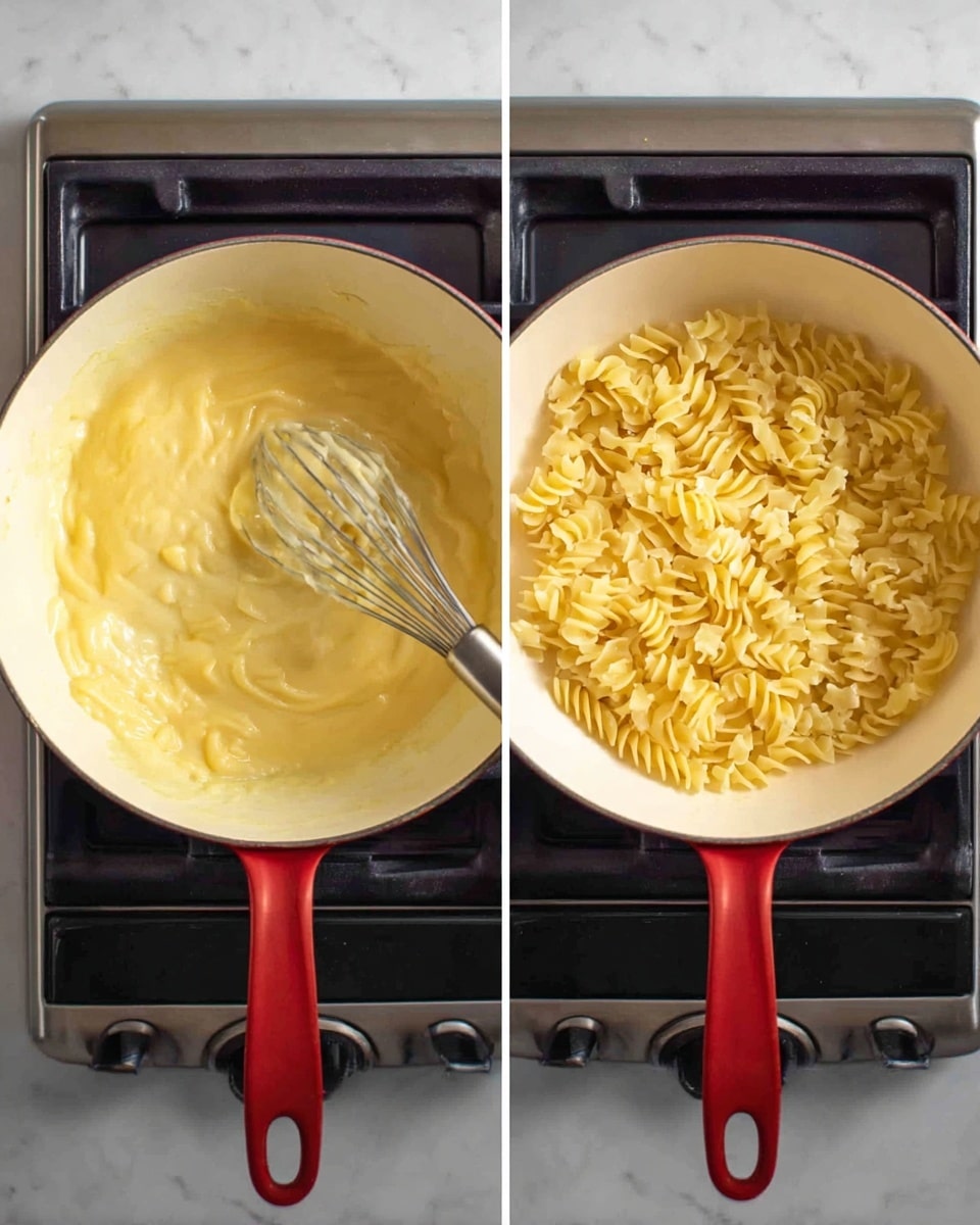 The image shows two side-by-side views of a white pot on a stove with a black top and white marbled surface below. On the left, the pot contains a thick yellow creamy mixture being stirred with a metal whisk. On the right, the same pot is filled with a pale yellow liquid and uncooked curly pasta noodles spread evenly across the top. The pot’s exterior is red, and the stove grate is black. Photo taken with an iphone --ar 4:5 --v 7