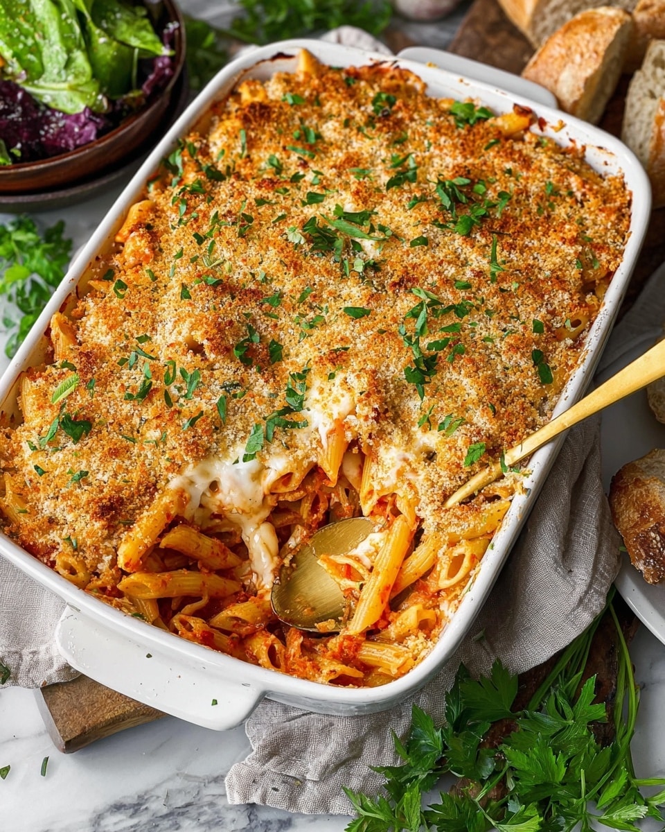 A white rectangular casserole dish filled with baked penne pasta layered with red tomato sauce and creamy white cheese sauce, topped with a golden-brown breadcrumb crust sprinkled with chopped fresh green parsley. The casserole is partially scooped out with a gold serving spoon showing the layers of penne pasta coated in sauces beneath the crisp top. The dish rests on a white marbled surface with a dark brown bowl of mixed green leafy salad and rustic bread in the background. Fresh parsley sprigs are scattered around for decoration. photo taken with an iphone --ar 4:5 --v 7