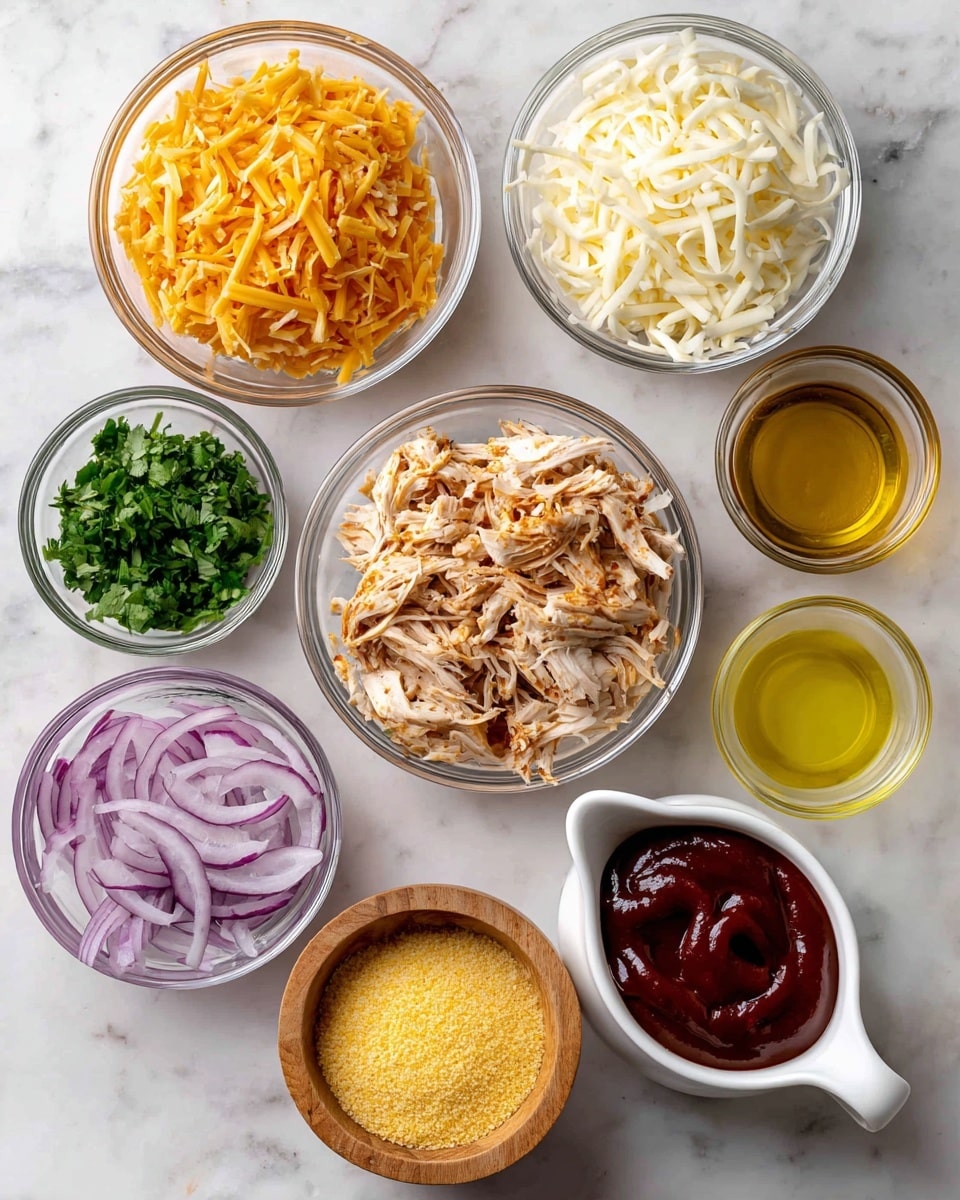 The image shows seven clear glass bowls and one white small ceramic pitcher arranged on a white marbled surface. In the center is a medium-size bowl filled with shredded light brown chicken. Above it to the left is a bowl with shredded orange smoked gouda cheese, and to the right, a bowl with shredded white mozzarella cheese. To the left of the chicken bowl is a small white bowl with chopped green cilantro, and to its right is a small bowl with yellow olive oil. Below the chicken bowl is a small bowl holding thin slices of purple-red onion, and to its left, a small wooden bowl filled with yellow cornmeal. Finally, to the bottom right, the white small ceramic pitcher holds thick deep red BBQ sauce. The items are neatly arranged and labeled with black and white text. photo taken with an iphone --ar 4:5 --v 7