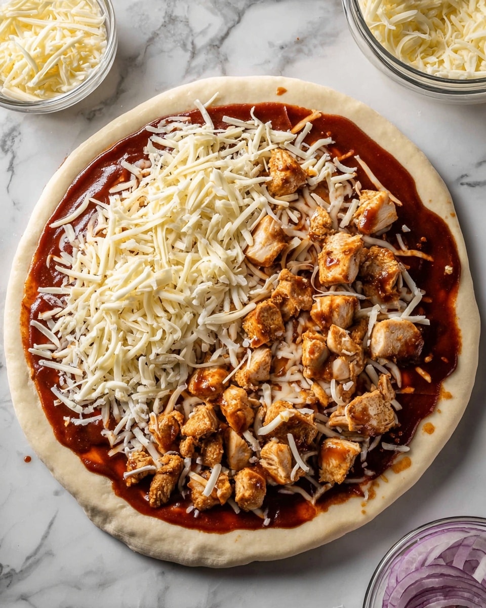 A round pizza with a thick pale dough crust rests on a white marbled surface. The first layer is a smooth, glossy dark red sauce spread evenly but leaving some crust visible. On top, irregular chunks of cooked brownish chicken pieces are scattered mostly on the right side. The left half is covered with a layer of white shredded cheese, which is unevenly spread and partly mixed with a second type of shredded cheese that has a pale yellow color. A small clear glass bowl with more shredded cheese sits in the upper left corner, and below it is a bowl with thin red onion slices. Photo taken with an iphone --ar 4:5 --v 7