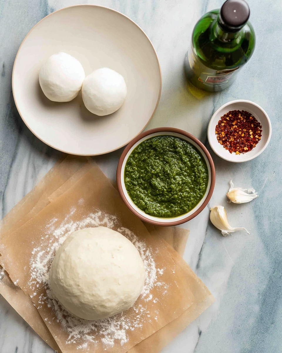The image shows four main items on a white marbled surface. In the bottom left, there is a round ball of light cream dough resting on two sheets of brown parchment paper dusted with white flour. Above it, to the left, is a white plate holding two smooth, white mozzarella balls. To the right of the mozzarella, a small white bowl with a brown rim holds a thick, bright green pesto sauce with a textured surface. Above all, near the top of the image, there is a dark green bottle of olive oil and a small white bowl filled with red chili flakes, along with three garlic cloves with loose peeled skins nearby. The photo taken with an iphone --ar 4:5 --v 7