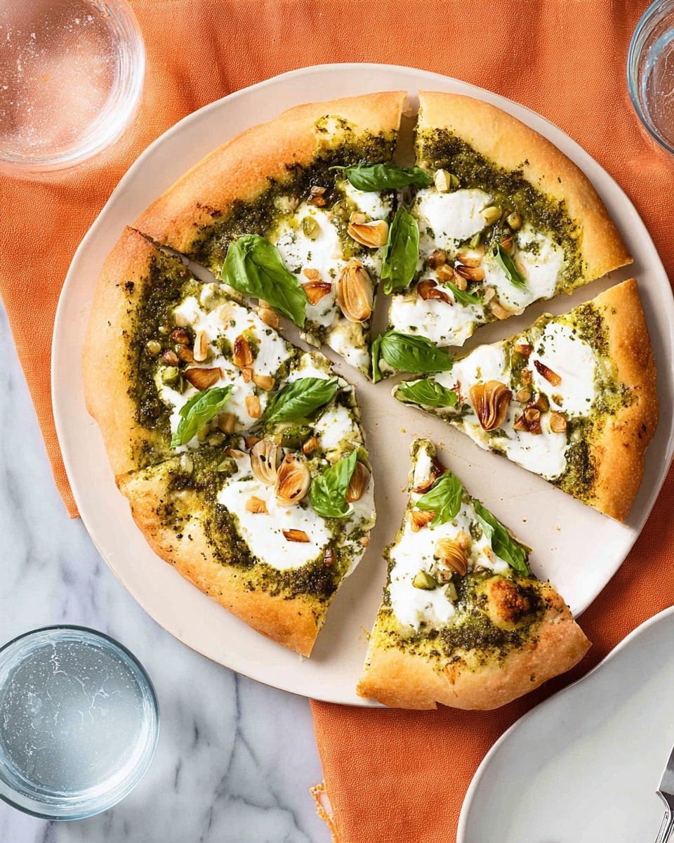 A pizza on a white plate with a thick golden-brown crust, topped with a green pesto layer spread evenly across the dough. On top of the pesto, there are scattered white dollops of soft cheese, toasted golden garlic slices, and fresh green basil leaves. The pizza is cut into six slices, with one slice slightly pulled away from the rest. The plate sits on an orange cloth on a white marbled surface with a couple of glasses of water nearby. Photo taken with an iphone --ar 4:5 --v 7