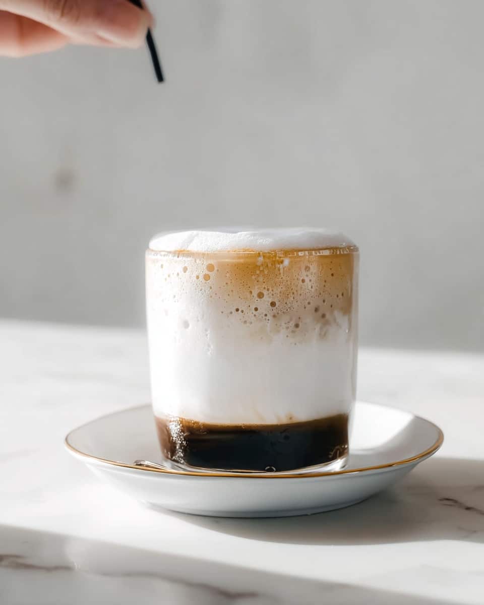 The image shows a close-up of a transparent glass filled with a layer of frothy coffee topped with a thick layer of white foam with tiny bubbles. Some dark coffee granules are sprinkled on top of the foam, adding texture. The glass is placed on a white saucer with a thin gold line around the edge, set on a white marbled surface. A woman's hand holding a black straw is lightly touching the top of the glass from above. Soft natural light brightens the scene, creating a clean and minimal look. photo taken with an iphone --ar 4:5 --v 7