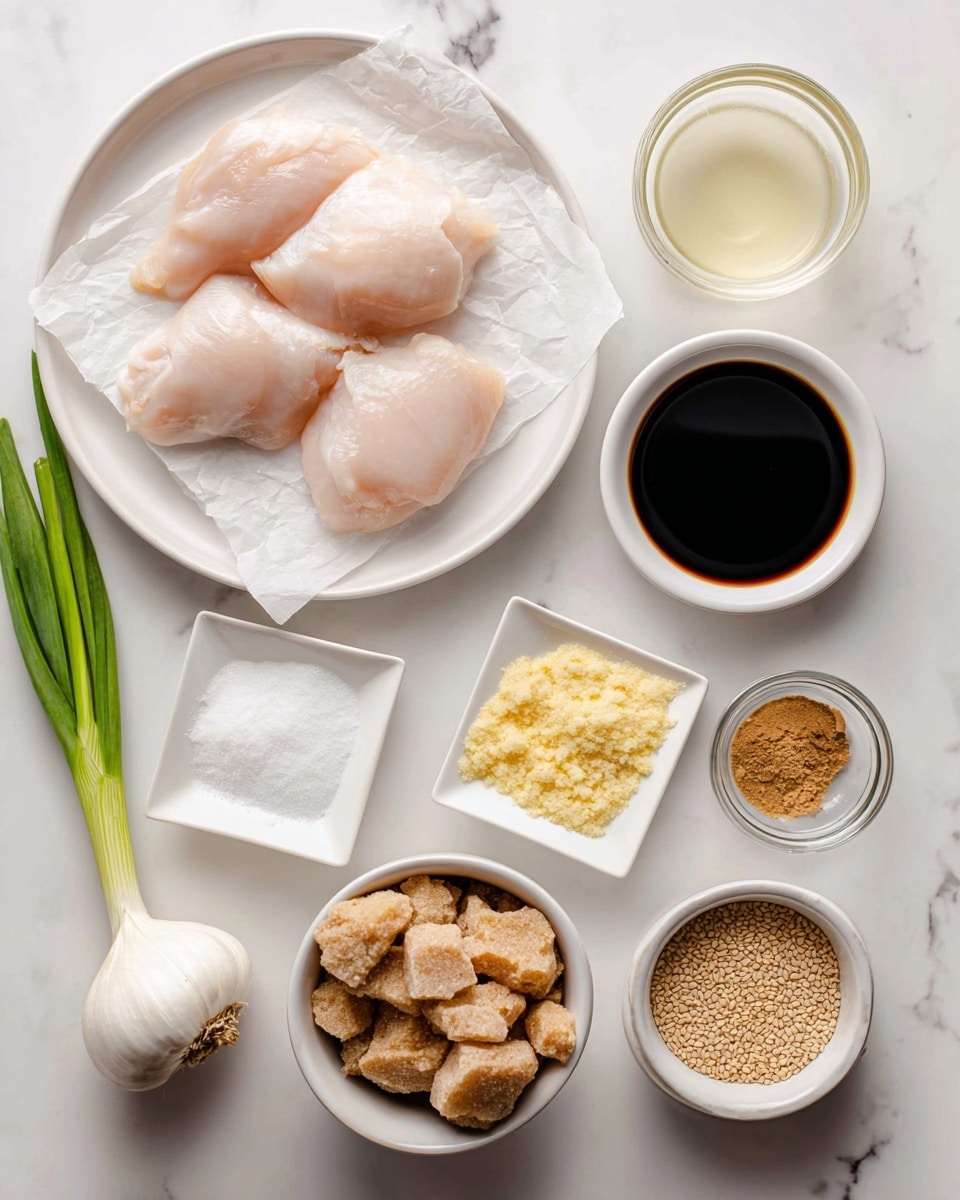 The image shows several ingredients arranged neatly on a white marbled surface for cooking. In the center-left, there is a white plate with three pale pink raw chicken pieces on a sheet of parchment paper. To the right of the chicken, a small white bowl holds a dark liquid labeled soy sauce. Below it, there are three small white square dishes containing white cornstarch powder, white sugar, and minced yellow ginger. Near the bottom center, a white bowl is filled with light brown clumps of brown sugar, and beside it, a fresh green scallion lies on the surface. On the left side, a whole white garlic bulb, a small white bowl of clear water, a pale yellow liquid labeled mirin, and a small white bowl with golden sesame seeds complete the ingredients. The layout is clean and well spaced, emphasizing the different textures and colors of each item. Photo taken with an iphone --ar 4:5 --v 7