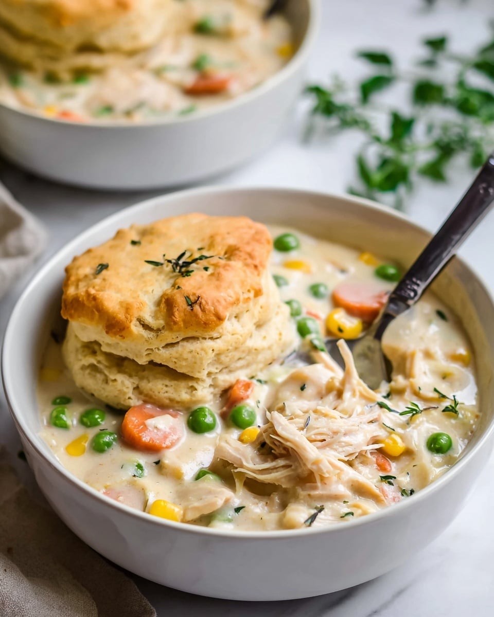 The image shows a white bowl filled with creamy chicken and vegetable stew, with peas, corn, and small carrot pieces visible in the sauce. On top of the stew, there is a light golden-brown biscuit, airy and flaky, resting gently on the surface. A silver spoon with a dark handle is placed in the bowl on the right side, partially dipped into the stew, showing shredded pieces of chicken and sauce. The background has a soft white marbled surface with some green leaves blurred in the foreground and another bowl with a biscuit slightly out of focus in the back. Photo taken with an iphone --ar 4:5 --v 7
