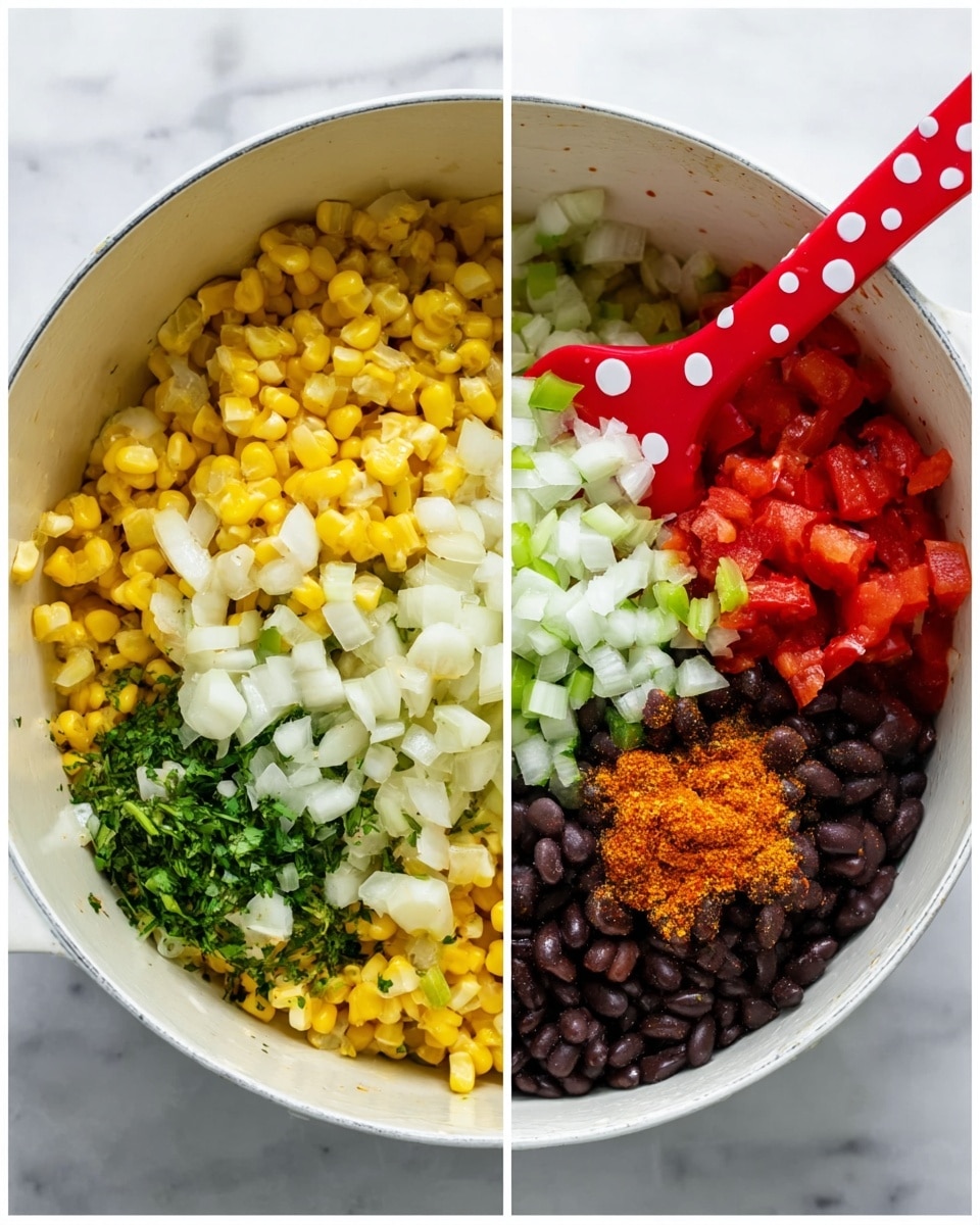 The image shows two white pots on a white marbled surface. The first pot contains diced white onions and green peppers being stirred with a red spatula with white spots. The second pot is filled with six different layers arranged separately: bright yellow corn kernels at the top left, diced red tomatoes at the top right, finely chopped white onions and green peppers at the bottom right, black beans at the bottom left center, and an orange spice powder mixed with green herbs at the bottom center. The colors and textures contrast sharply inside the pot. Photo taken with an iphone --ar 4:5 --v 7