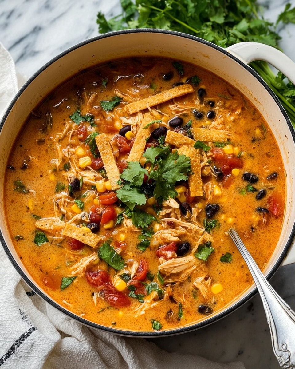 The image shows a white pot filled with a thick, creamy orange soup mixed with shredded chicken, black beans, corn, and small red tomato pieces. On top of the soup, there are several light brown, crispy tortilla strips and bright green cilantro leaves scattered in the center. A large silver spoon rests inside the pot on the right side. The background is a white marbled surface with a white cloth and green herbs slightly blurred. photo taken with an iphone --ar 4:5 --v 7