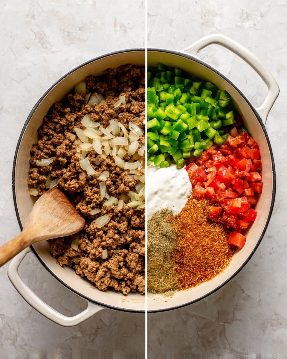 The image shows two scenes inside a white pot on a white marbled surface. On the left side, there is a cooked mix of brown ground meat and small pieces of translucent onions with a wooden spoon resting inside the pot on the right. On the right side, the pot holds the cooked meat at the bottom with four more ingredients added on top in separate sections: bright green chopped bell peppers in the top left, reddish chopped tomatoes in the top right, a dollop of white cream in the bottom left, and a pile of orange-brown spice mix at the center spreading slightly around. The wooden spoon is again inside the pot on the right side, leaning into the ingredients. photo taken with an iphone --ar 4:5 --v 7