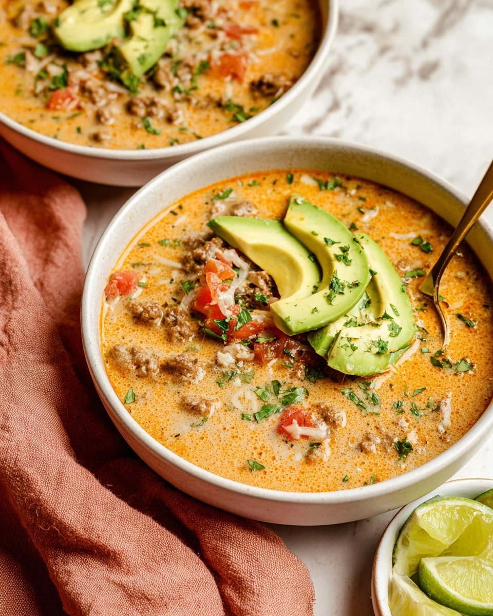 The image shows two white bowls filled with a creamy, orange soup that has visible chunks of ground meat, diced tomatoes, and herbs mixed throughout. Each bowl is garnished with bright green slices of avocado, sprinkled with small chopped fresh herbs, and a wedge of lime resting on top. A shiny gold spoon rests inside the front bowl, partially submerged in the soup. The bowls sit on a white marbled surface with a soft, salmon-colored cloth nearby. In the bottom right corner, there is a small white bowl holding extra lime wedges. photo taken with an iphone --ar 4:5 --v 7