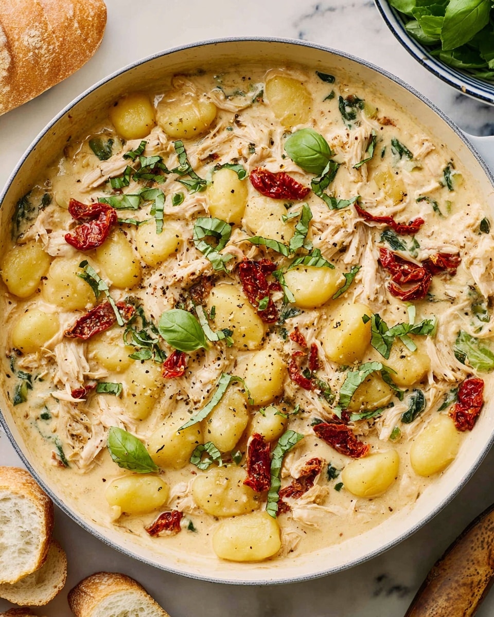 The dish is presented in a white pan filled with three main layers: a creamy, light beige sauce forming the base; scattered pieces of shredded chicken mixed into the sauce showing soft texture and a pale color; and yellow gnocchi placed evenly throughout, giving a round and smooth look. On top, there are slices of bright red sun-dried tomatoes and fresh torn green basil leaves spread as garnish, adding bright color contrasts. The whole mixture looks rich and well-blended with visible black pepper specks and a slight shine from the sauce. The pan is placed on a white marbled surface, with some slices of bread nearby. photo taken with an iphone --ar 4:5 --v 7