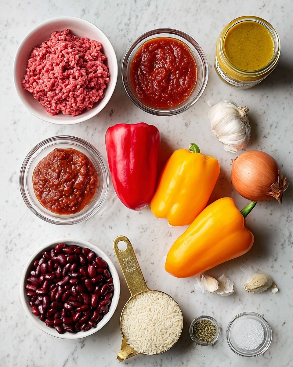 The image shows various cooking ingredients arranged neatly on a white marbled surface. There is a white bowl with raw ground meat in a pinkish-red color on the top left. Next to it are two clear glass bowls, one filled with thick red tomato paste and the other with chunky red salsa. A glass jar of yellowish chicken base is placed nearby. Three whole bell peppers in orange, red, and yellow, and a small light brown onion are placed on the right side. Below, a white bowl holds dark red kidney beans, and next to it is a gold measuring cup filled with white rice. Near the bottom right, there are small white bowls containing salt and a greenish dried spice mix. Three cloves of garlic and a small glass bowl with a clear liquid complete the scene. Photo taken with an iphone --ar 4:5 --v 7