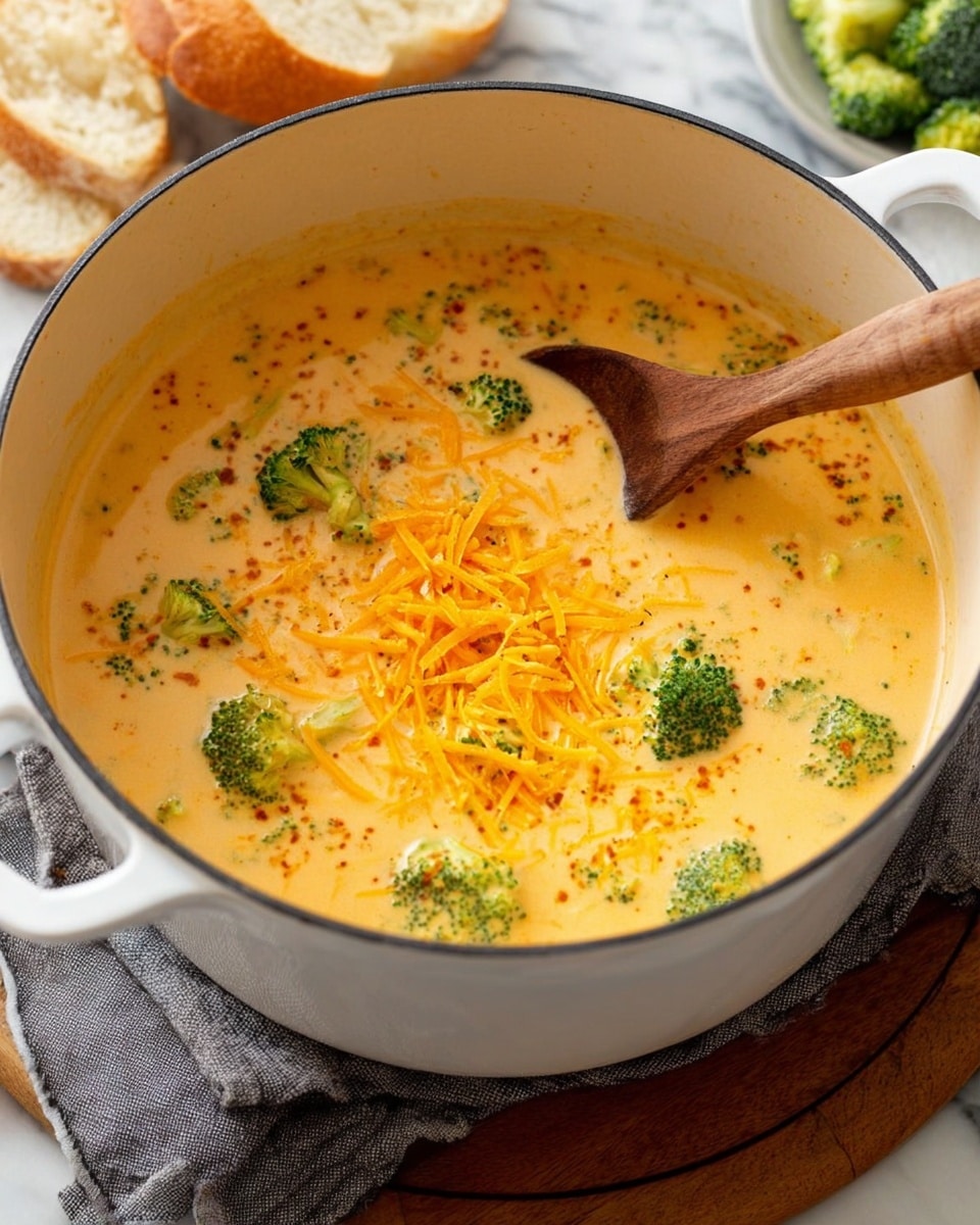 A large white pot filled with a creamy, light orange soup that has small green broccoli florets and bright orange shredded cheese scattered on top. A wooden spoon is partially submerged in the soup, stirring it gently. The pot sits on a round wooden board with a gray cloth underneath, on a white marbled surface. In the background, there are pieces of sliced bread and some more broccoli. Photo taken with an iphone --ar 4:5 --v 7