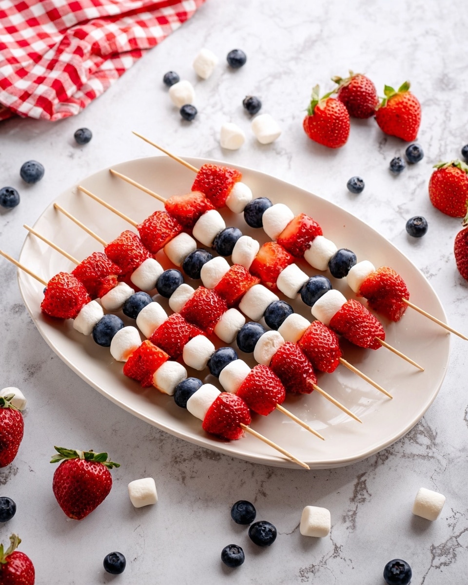 A white oval plate holds ten wooden skewers neatly arranged in two rows. Each skewer has a repeating pattern of three kinds of items: bright red strawberry pieces with a slightly rough texture, round dark blue blueberries, and small white marshmallows with a soft, fluffy look. The skewers alternate these items evenly, making colorful layers with red, dark blue, and white from one end to the other. The plate sits on a white marbled surface with scattered blueberries, a few marshmallows, and some extra wooden skewers placed around. A red and white checked cloth with a few whole strawberries is visible in the top left corner. photo taken with an iphone --ar 4:5 --v 7