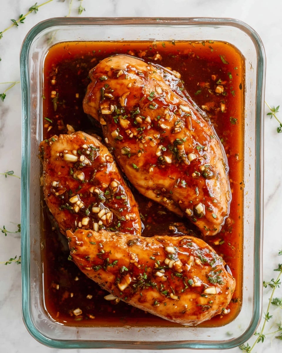 In a clear rectangular glass dish, there are two large chicken pieces covered in a shiny, reddish-brown sauce with visible small bits of garlic and green herbs spread evenly across the surface. The sauce pools around the bottom and has a thick, slightly sticky texture that coats the chicken smoothly. The background is a white marbled surface with small sprigs of green herbs scattered around, adding freshness to the image. Photo taken with an iphone --ar 4:5 --v 7