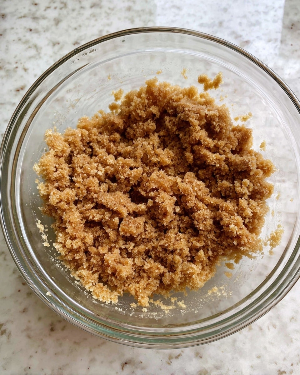 A clear glass mixing bowl filled with a crumbly mixture of light to medium brown sugar and softened butter, showing uneven small clumps with a grainy texture, sitting atop a white marbled countertop. The mixture looks dense and slightly moist, covering the bottom part of the bowl while some bits cling to the sides. Photo taken with an iphone --ar 4:5 --v 7