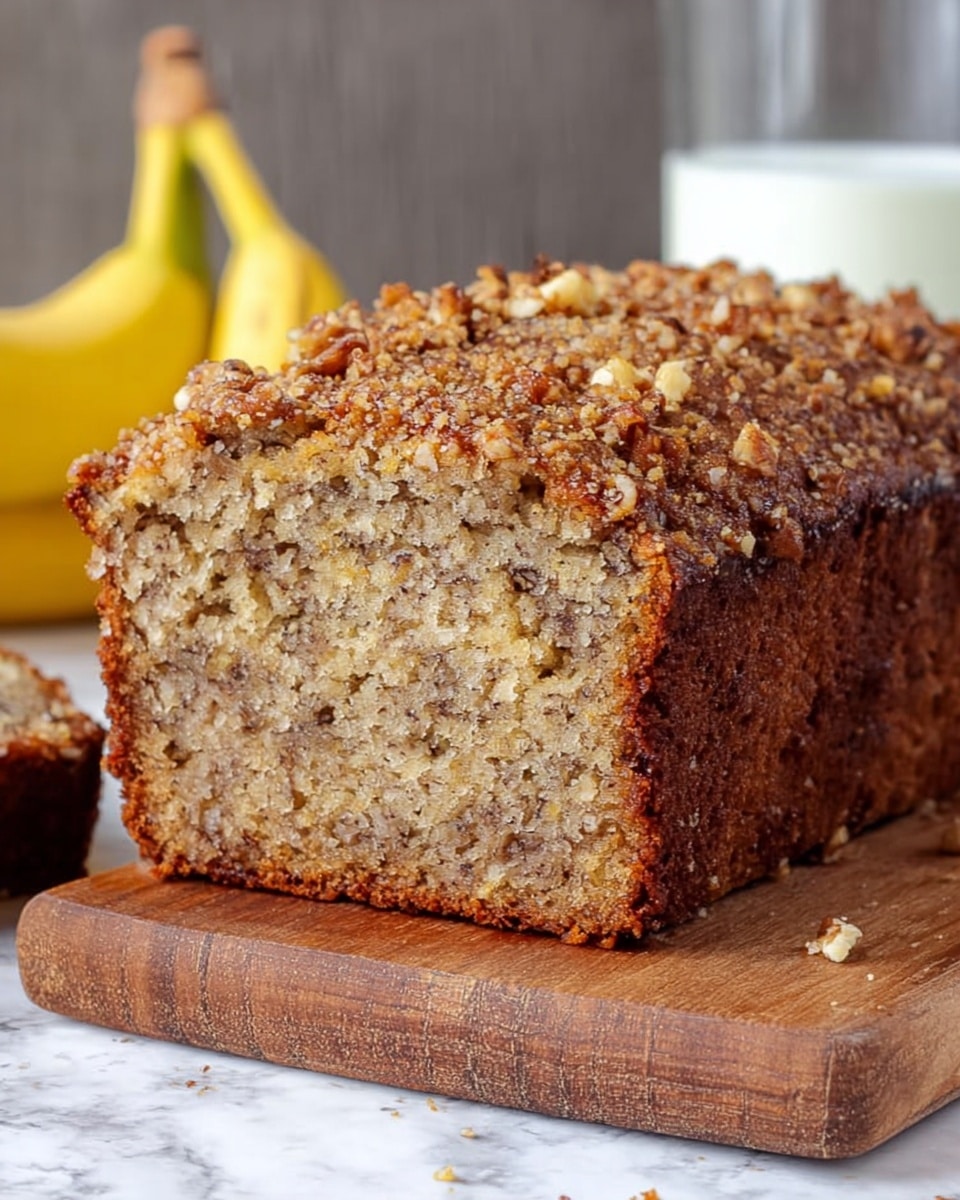A loaf of banana nut bread is shown with a close-up view of a thick slice cut from one end. The bread has a light brown color with darker specks and small nut pieces spread evenly inside. The crust is darker brown and slightly rough, while the top is covered with a crumbly layer of crushed nuts adding texture. The loaf is placed on a wooden board, set on a white marbled surface. In the background, there is a blurred glass of milk and a ripe banana. Photo taken with an iphone --ar 4:5 --v 7