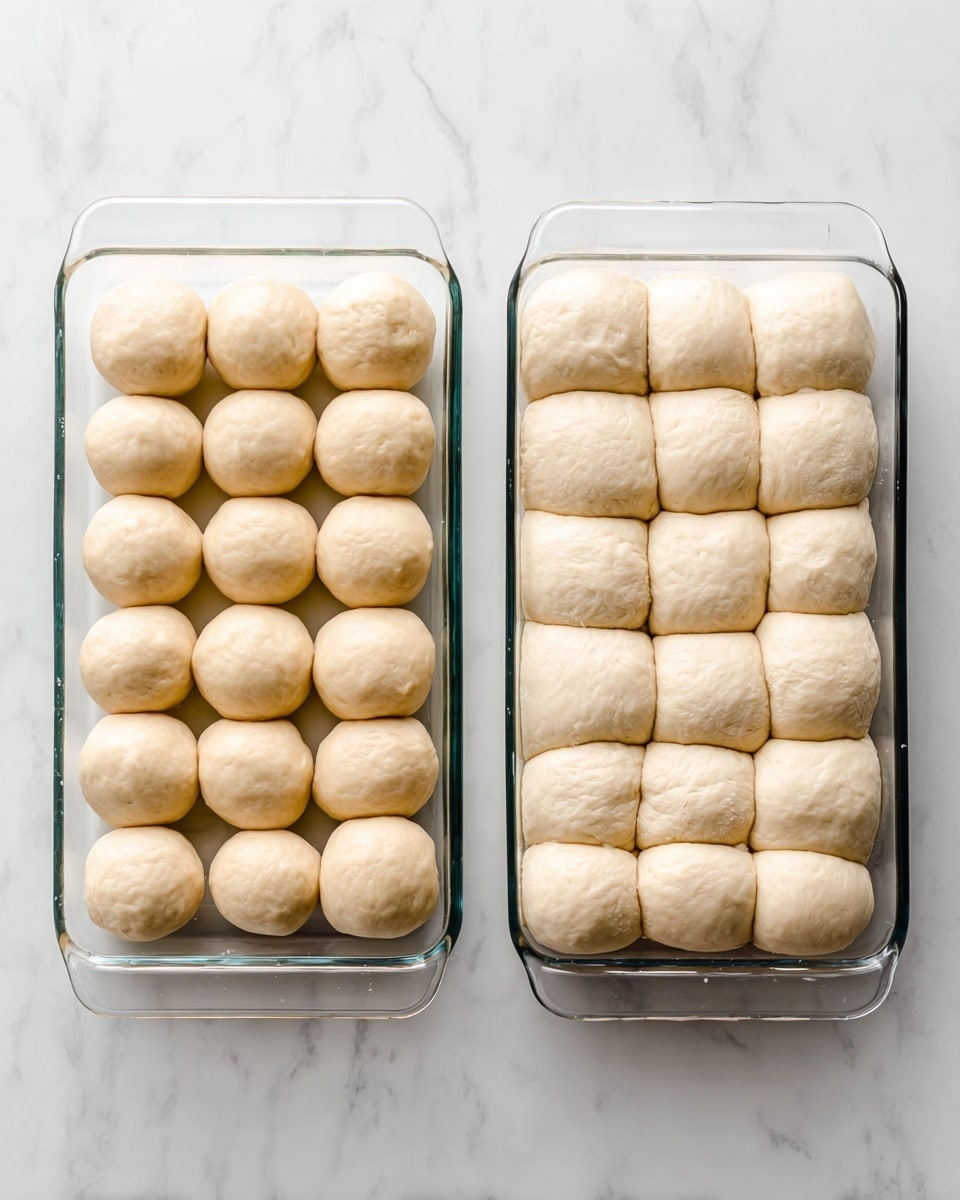 The image shows two white glass rectangular pans with dough balls on a white marbled surface. The left pan has 16 small round dough balls arranged in four rows and four columns, each ball a light beige color with a smooth but slightly uneven texture. The right pan displays the same dough balls after they have risen, now larger and touching each other, forming a soft, pillowy layer with a uniform light beige color and smooth texture, filling the pan nearly completely. Photo taken with an iphone --ar 4:5 --v 7