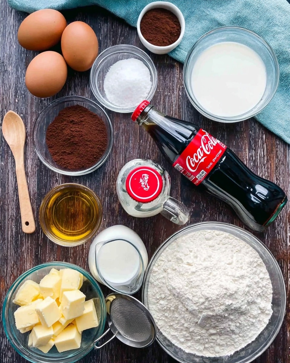 The image shows several clear glass bowls and containers arranged on a dark wooden surface with a light blue cloth to the side. There are two brown eggs placed near the center, a small bowl of dark brown cocoa powder, a bowl of white granulated sugar with a red Coca-Cola bottle cap in the middle, a bottle of Coca-Cola lying horizontally, a small glass container filled with a golden liquid, a small bowl of white powder (likely baking soda) with a metal sieve resting on top, a bowl of cubed yellow butter, a cup of white milk, a glass jug of clear liquid (likely oil), and a larger bowl of white flour with a wooden spoon inside. The scene is bright and organized with all ingredients spread out. Photo taken with an iphone --ar 4:5 --v 7