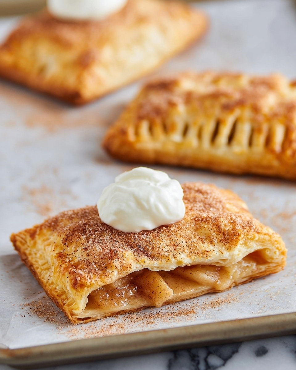 The image shows a close-up of a rectangular golden brown pastry with a textured top sprinkled with cinnamon sugar, slightly cracked open to reveal a soft, light brown cooked apple filling inside. On top of the pastry, there is a dollop of smooth, white cream. In the background, two more similar pastries with crimped edges and slits on top are visible, all placed on white parchment paper over a tray that rests on a white marbled surface. The lighting highlights the flaky layers and crisp crust of the pastries. photo taken with an iphone --ar 4:5 --v 7