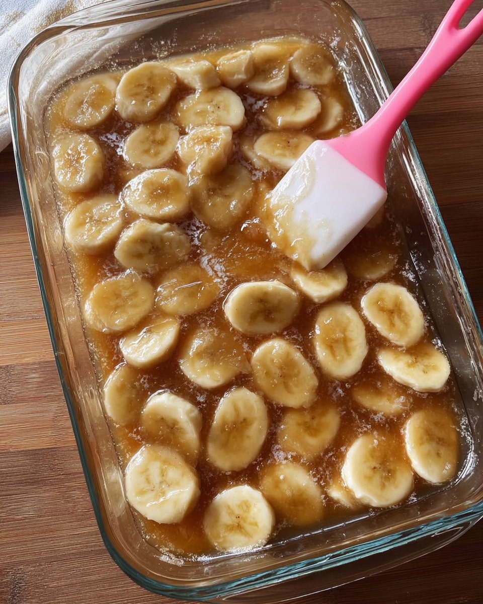 A clear glass rectangular dish filled with many thin off-white slices of fruit, coated in a shiny, light brown syrup that covers the entire surface and pools slightly around the edges. A pink spatula with a translucent white head rests inside the dish, positioned at the upper right area, partly submerged in the syrup. The dish sits on a wooden surface, visible only at the corners where the dish does not cover it photo taken with an iphone --ar 4:5 --v 7