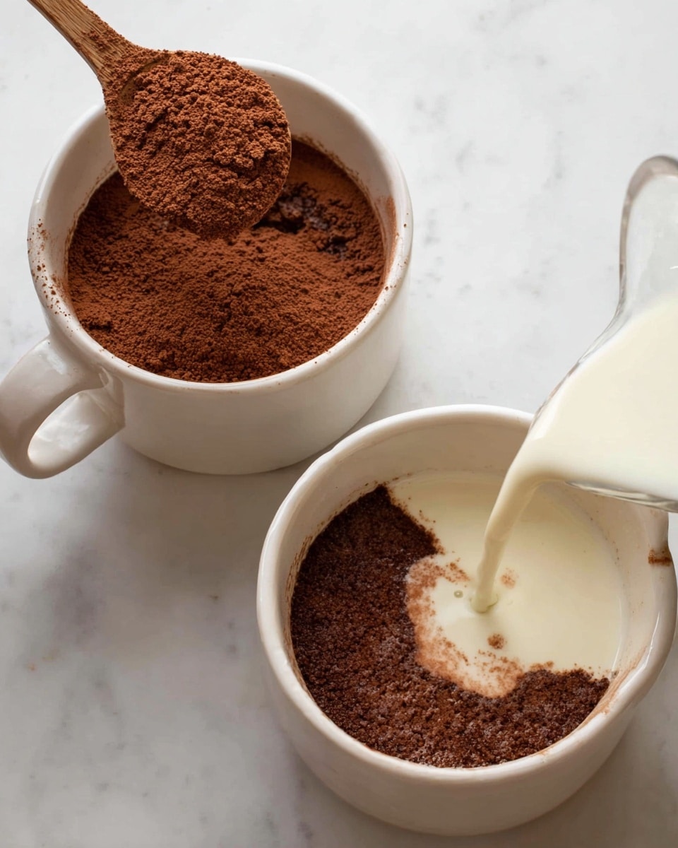 The image shows two white mugs on a white marbled surface, each with a layer of dry brown cocoa powder inside. In the first mug, a wooden spoon is pouring more cocoa powder into it, adding a loose, textured brown topping. In the second mug, a creamy white liquid is being poured on top of the thick cocoa powder layer, creating a contrast between the dark cocoa and the flowing light liquid. Both mugs have a small handle visible on the left side. photo taken with an iphone --ar 4:5 --v 7