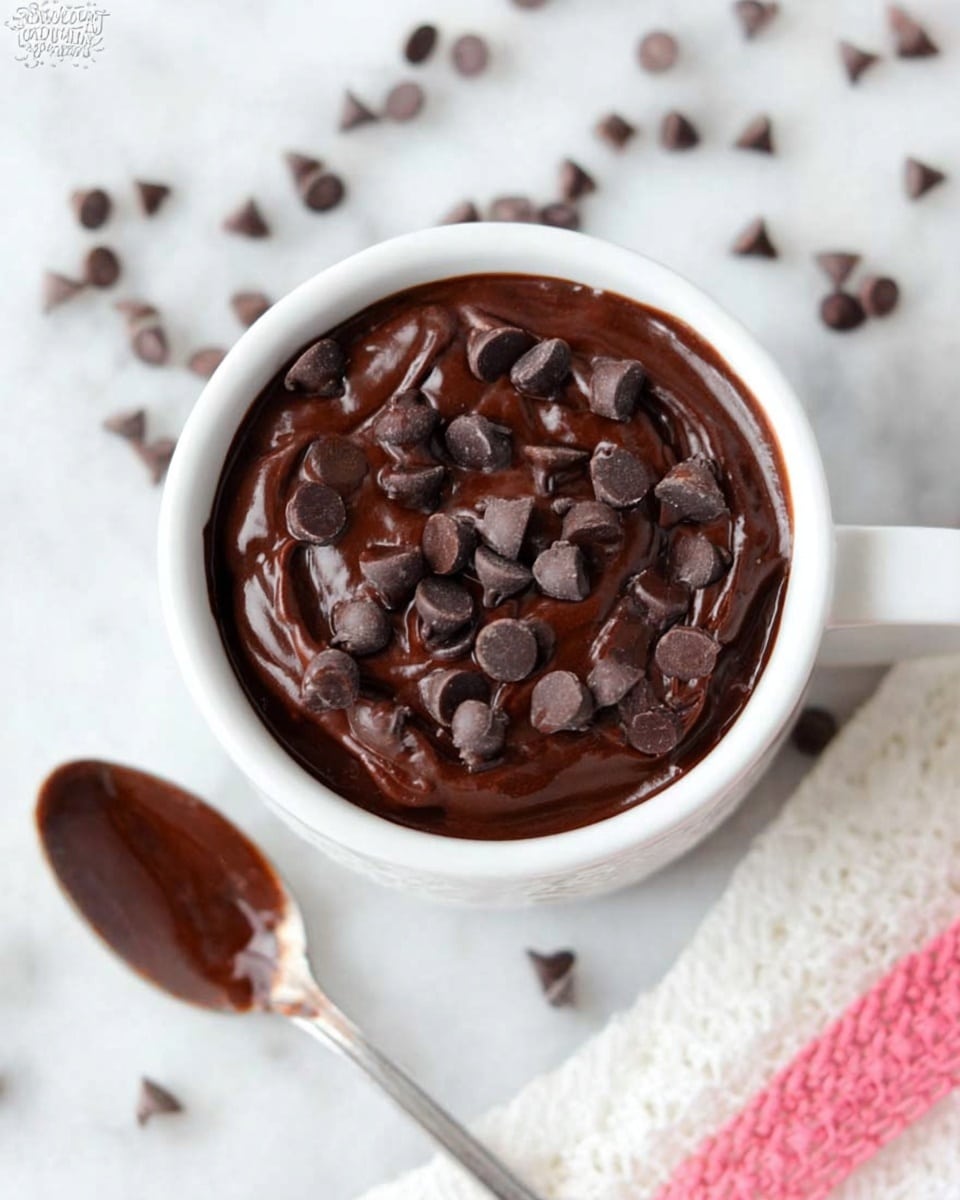 A white cup filled with thick, dark chocolate pudding topped with scattered dark chocolate chips. The pudding has a smooth, slightly glossy texture with swirls visible on the surface. Around the cup, more chocolate chips are spread on a white marbled surface. A silver spoon with chocolate remnants lies near the cup, showing the creamy texture of the pudding. Part of a white cloth with a pink crocheted edge is visible at the bottom right corner photo taken with an iphone --ar 4:5 --v 7