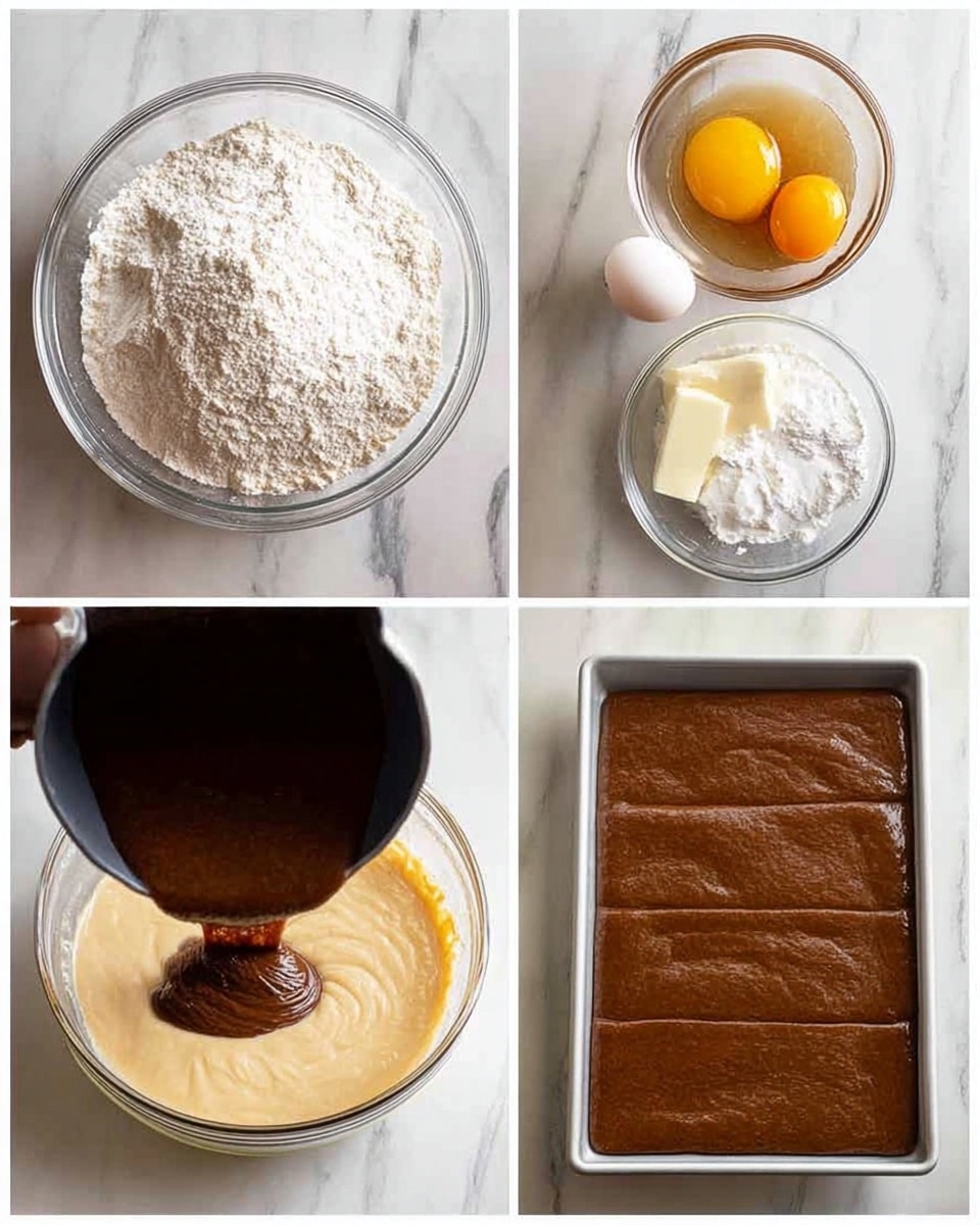 The image shows four steps of a baking process on a white marbled surface. The first part has two clear bowls: one large bowl full of white flour and a smaller bowl with two raw eggs, white sour cream, and some other ingredients. In the second part, a creamy batter is being poured into the middle of the large bowl filled with flour, creating a mix of smooth beige and white powder. The third part shows a close-up of a dark brown liquid, possibly chocolate, being poured from a black pot into the beige batter in the clear bowl, mixing two different textures and colors. The last part shows a silver rectangular baking tray filled evenly with a smooth dark brown batter, ready to be baked. Photo taken with an iphone --ar 4:5 --v 7