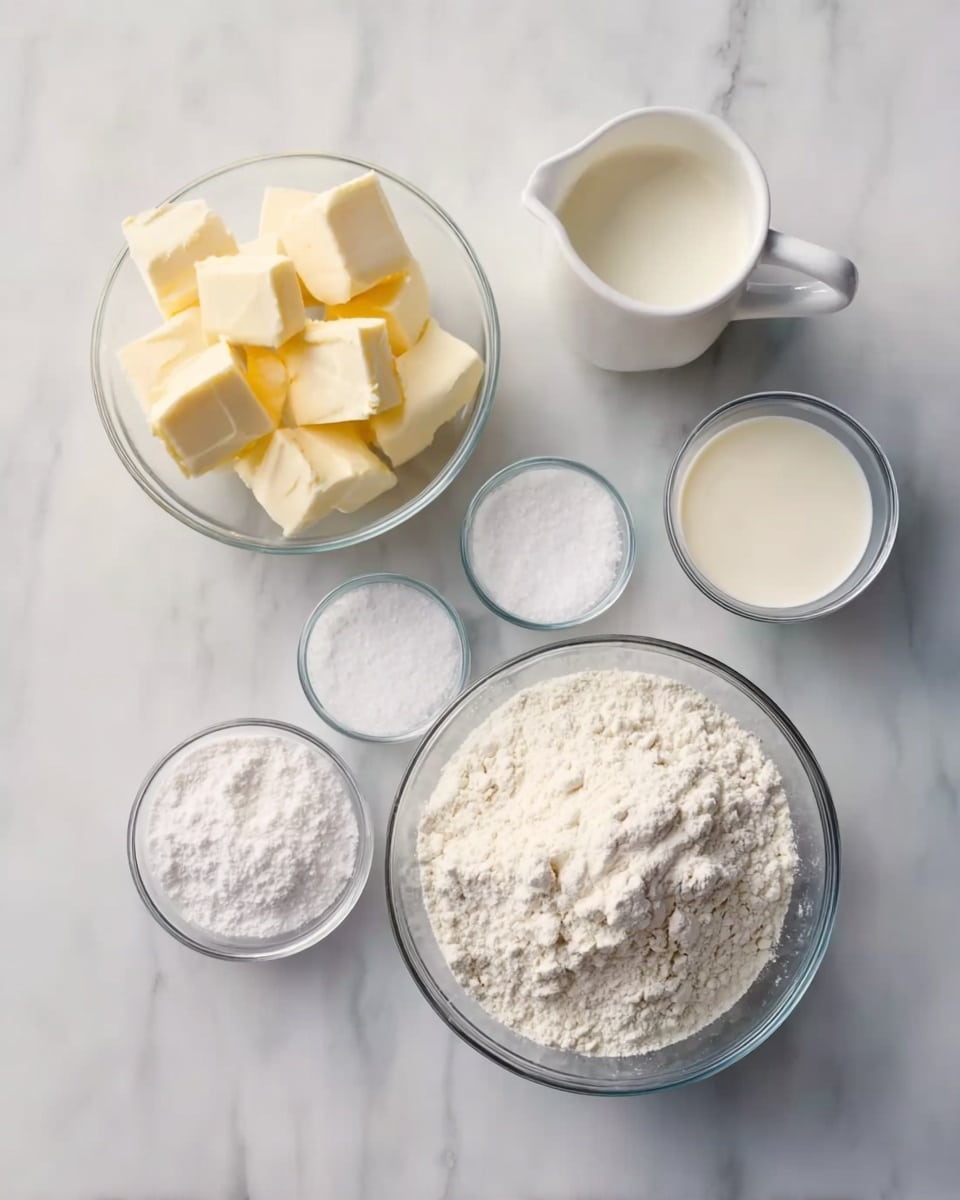 The image shows six clear glass bowls arranged on a white marbled surface. The largest bowl at the bottom right is filled with white flour, showing a textured surface. To its top left, a medium bowl contains softened butter cut into cubes, creamy yellow in color with smooth texture. On the right side, a small pitcher holds white cream, appearing smooth and slightly shiny. There are three smaller bowls arranged around the larger ones, each with a white powder or granulated substance, likely salt, sugar, or baking powder, all white and fine in texture. The arrangement is neat and the lighting is bright and natural. Photo taken with an iphone --ar 4:5 --v 7