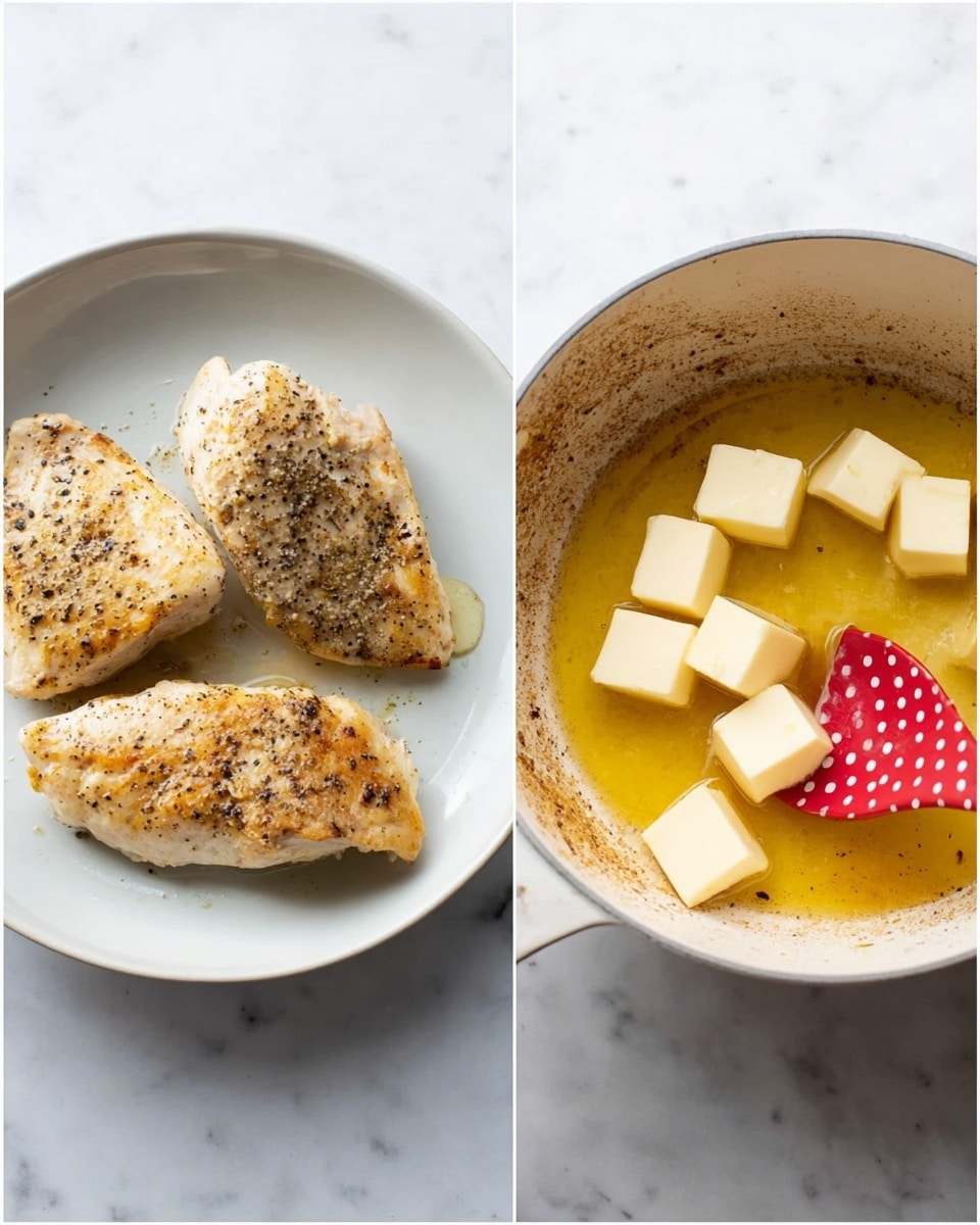 The image is split into two parts on a white marbled surface. On the left, there is a white plate holding three cooked chicken pieces, each seasoned with black pepper, showing a light golden-brown color with a slightly crusty texture on top. On the right, a white pot contains six small cubes of melting butter in a yellowish liquid, with a red spatula that has white polka dots resting inside. The pot has some browned bits along its inner surface from cooking. Photo taken with an iphone --ar 4:5 --v 7