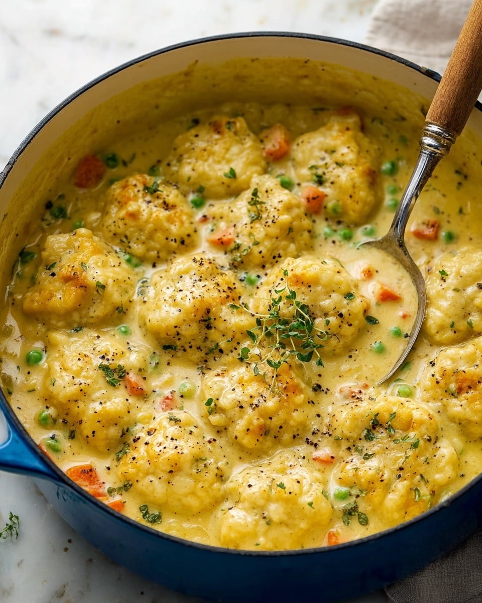 A large blue pot filled with multiple golden yellow soft dumplings sitting in a creamy light yellow sauce with small pieces of orange carrots, green peas, and green herbs mixed in. The dumplings have a slightly rough and fluffy texture, sprinkled lightly with black pepper and fresh green herb leaves on top. A silver spoon with a wooden handle rests inside the pot on the right side, partially submerged in the sauce. The pot is placed on a white marbled surface with a light background. photo taken with an iphone --ar 4:5 --v 7