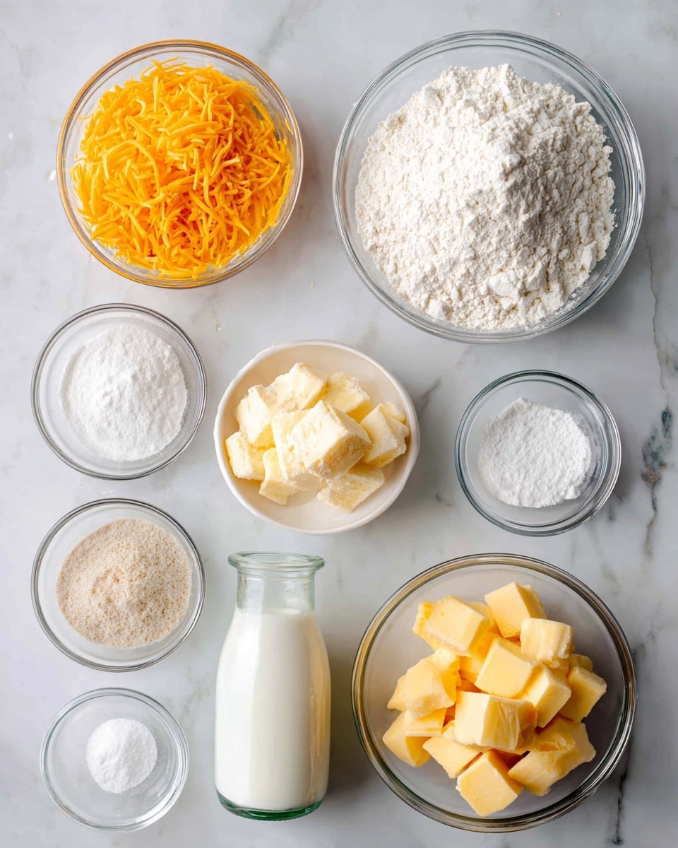 The image shows nine small glass bowls and a bottle arranged on a white marbled surface. The largest bowl, near the upper right, holds a heap of white flour with a powdery texture. Below it to the right is a smaller white bowl filled with yellow butter cubes. Below the flour bowl and to the left is a medium glass bowl with bright orange shredded cheese. Above the flour are three small glass bowls containing white baking powder, pale brown garlic powder, and white sugar. To the left of these are two more small glass bowls with white baking soda and salt. At the bottom center is a glass milk bottle filled with white milk. Each bowl is neat and the ingredients are clearly visible. Photo taken with an iphone --ar 4:5 --v 7