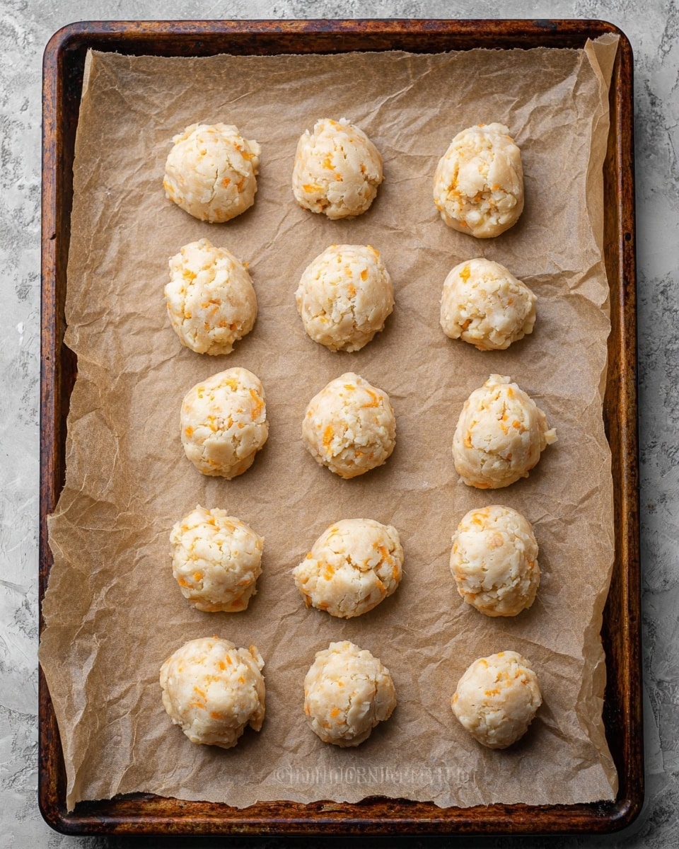 There are twelve uneven, round cookie dough balls spread out in four rows on crinkled light brown parchment paper that covers an old, rusty baking tray. The dough is pale with small bits of a light orange ingredient mixed throughout. The white marbled surface under the tray adds a clean contrast to the warm, textured setup. photo taken with an iphone --ar 4:5 --v 7