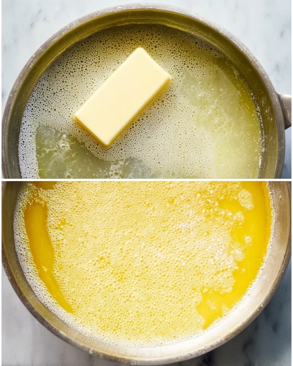 A close-up view of a shiny metal pan filled with melted yellow butter, showing a rectangle piece of solid butter melting in the top left. The butter layer is smooth with bubbles and a slight frothy texture spreading evenly across the pan surface. The second image shows the butter fully melted with small white granules sprinkled on top, creating a textured pattern in the liquid yellow butter. The background is a white marbled surface. photo taken with an iphone --ar 4:5 --v 7