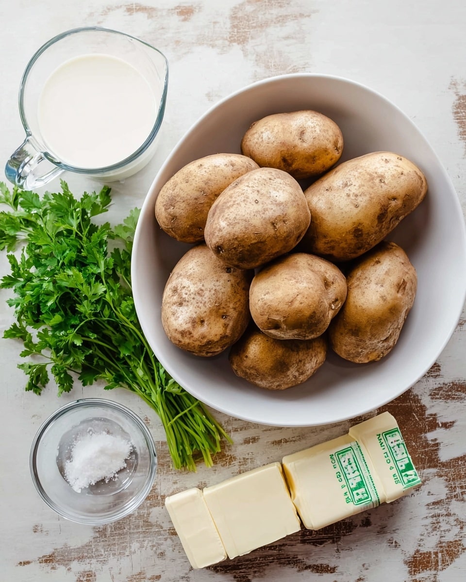 The image shows a white bowl filled with ten medium-sized brown potatoes with rough skins, placed on a white marbled surface. To the right of the bowl, there are two sticks of butter wrapped in white paper with green text, a clear glass measuring cup filled with milk, a small clear bowl containing salt, and fresh green parsley sprigs arranged next to each other. Photo taken with an iphone --ar 4:5 --v 7