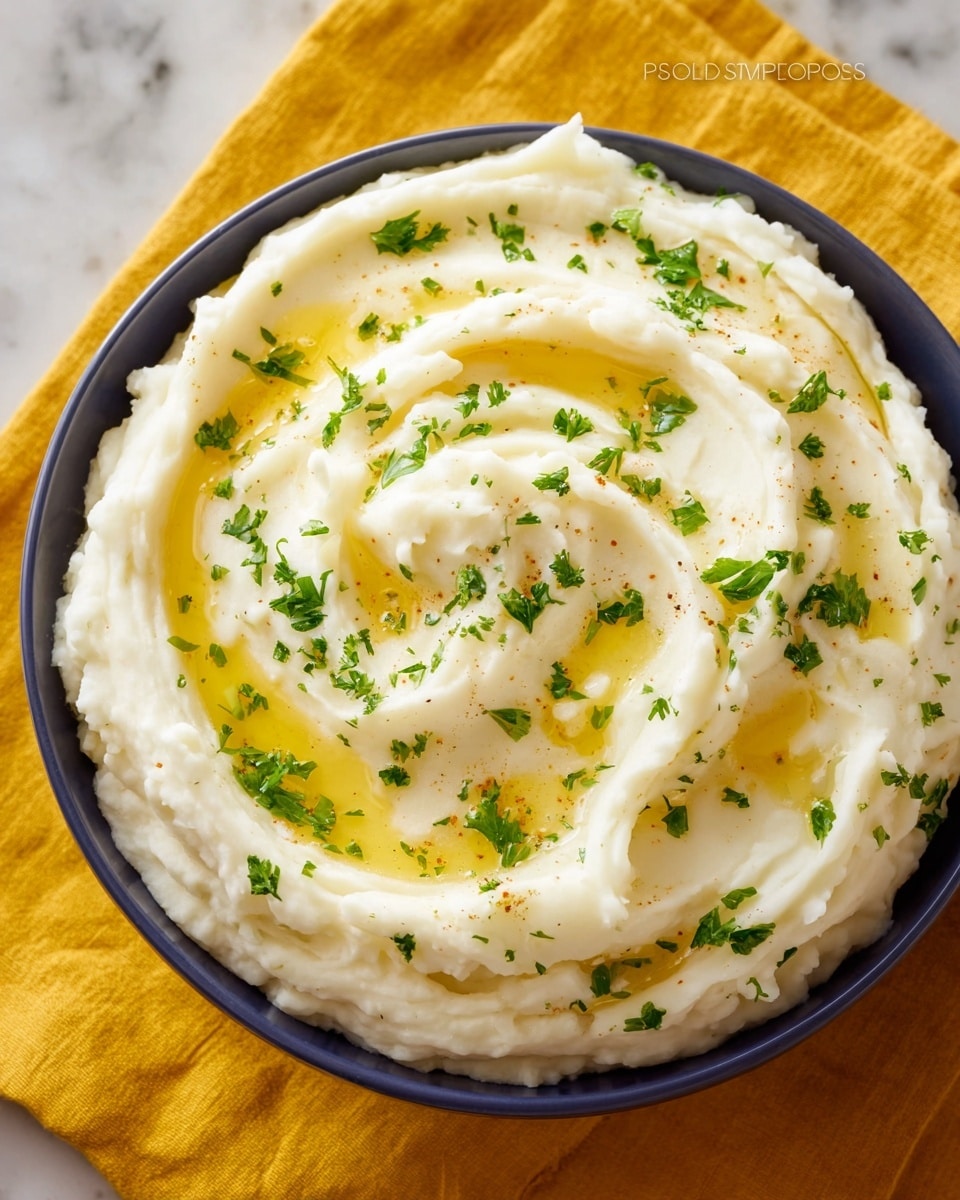 A bowl filled with creamy mashed potatoes swirled into soft peaks, topped with melted golden butter pools and sprinkled with small green parsley bits. The mashed potatoes have a smooth white texture with gentle curves and valleys, arranged in a cozy spiral form. The bowl is white, placed on a yellow cloth, and the background is a white marbled texture. photo taken with an iphone --ar 4:5 --v 7