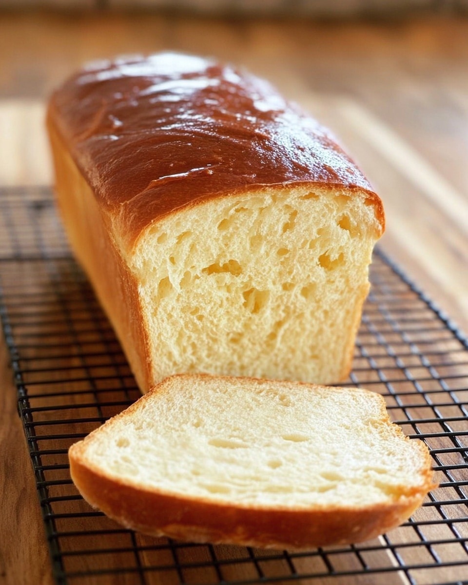 A loaf of bread with a shiny, golden brown top crust, showing a soft, light yellow inside with small air holes. One slice is placed flat in front of the loaf, revealing the bread’s fluffy texture. The bread sits on a black wire cooling rack, which is on a wooden surface with a blurred background. photo taken with an iphone --ar 4:5 --v 7
