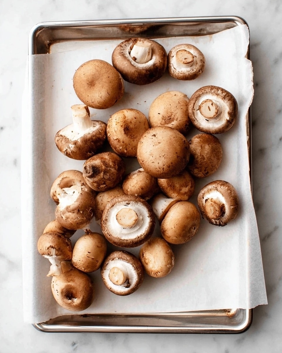 A silver baking tray lined with white parchment paper holds about twenty whole brown mushrooms. Some mushrooms show their smooth rounded caps in light to medium brown shades with slight variations, while others reveal their undersides, showing off their cream-colored gills and open stem holes. The tray is placed on a white marbled surface, giving a clean and simple look. The mushrooms are scattered naturally without being stacked. photo taken with an iphone --ar 4:5 --v 7
