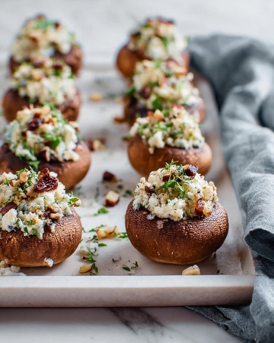 The image shows two rows of stuffed brown mushrooms placed on a white rectangular tray with a slightly raised edge. Each mushroom is filled with a mixture of finely chopped white and green ingredients, likely cheese and herbs, topped with small pieces of nuts and dark flakes that add texture and color contrast. The tray sits on a white marbled surface, with a soft gray cloth casually placed nearby on the right side. The overall colors are earthy browns from the mushrooms, bright whites from the topping, fresh greens from the herbs, and deep browns from the nuts, giving a fresh and appetizing look. Photo taken with an iphone --ar 4:5 --v 7