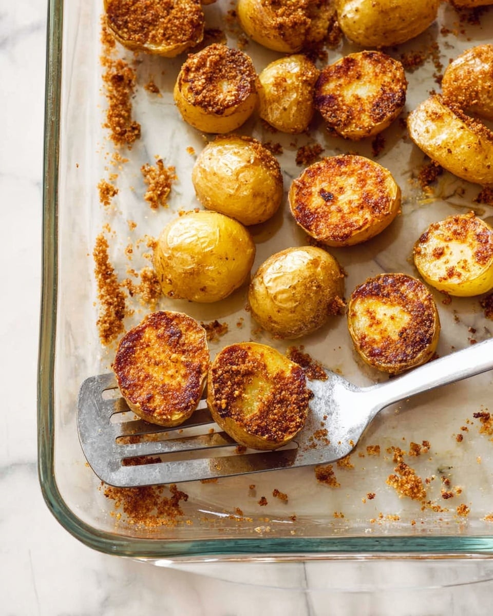 Inside a clear glass baking dish on a white marbled surface, there are small round golden potatoes, some whole and some sliced in half showing a crisp, brown, textured crust on the cut sides. The potatoes have a seasoned, slightly rough coating that looks crunchy and well cooked. A metal spatula with a silver handle is lifting a few crispy potato halves, showing the crunchy brown layer on top. Scattered crumbs from the cooked potatoes are around the dish. Photo taken with an iphone --ar 4:5 --v 7