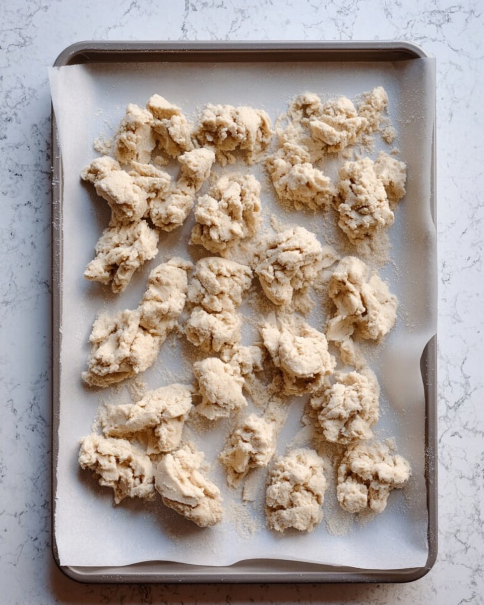 A baking tray lined with white parchment paper sits on a white marbled surface. On the tray, there are many clumps of light beige dough spread out unevenly, with rough and crumbly texture. The dough pieces cover most of the tray in an irregular pattern, some overlapping slightly, showing a raw and soft appearance. photo taken with an iphone --ar 4:5 --v 7